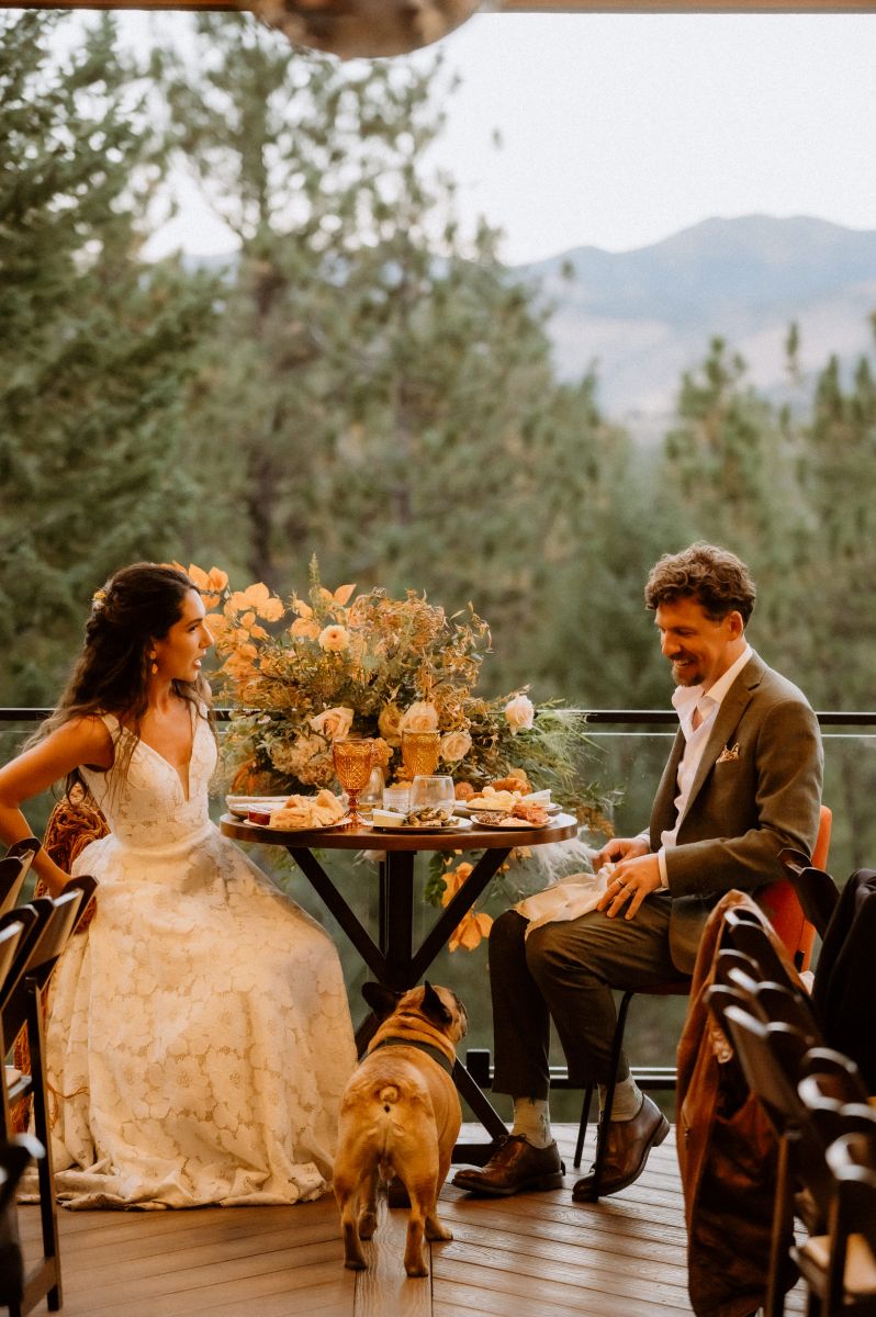 a man and woman at their wedding dinner their dog is looking at them 